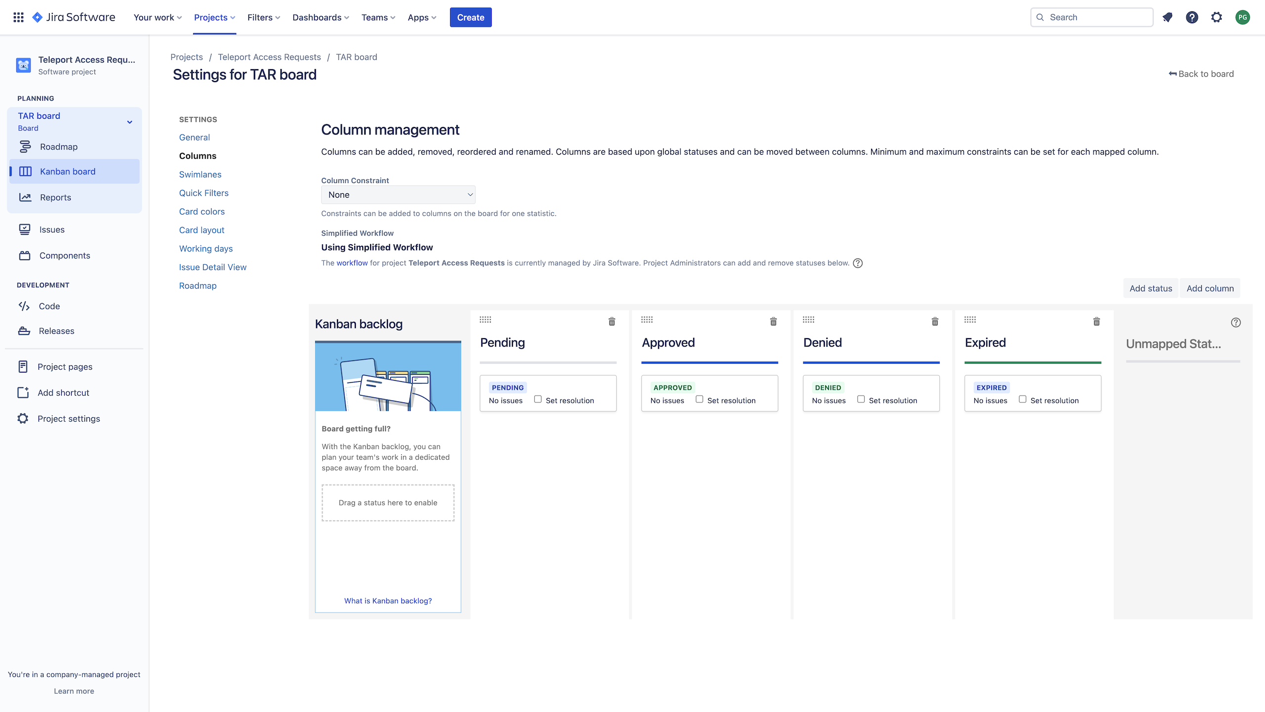 Jira board setup