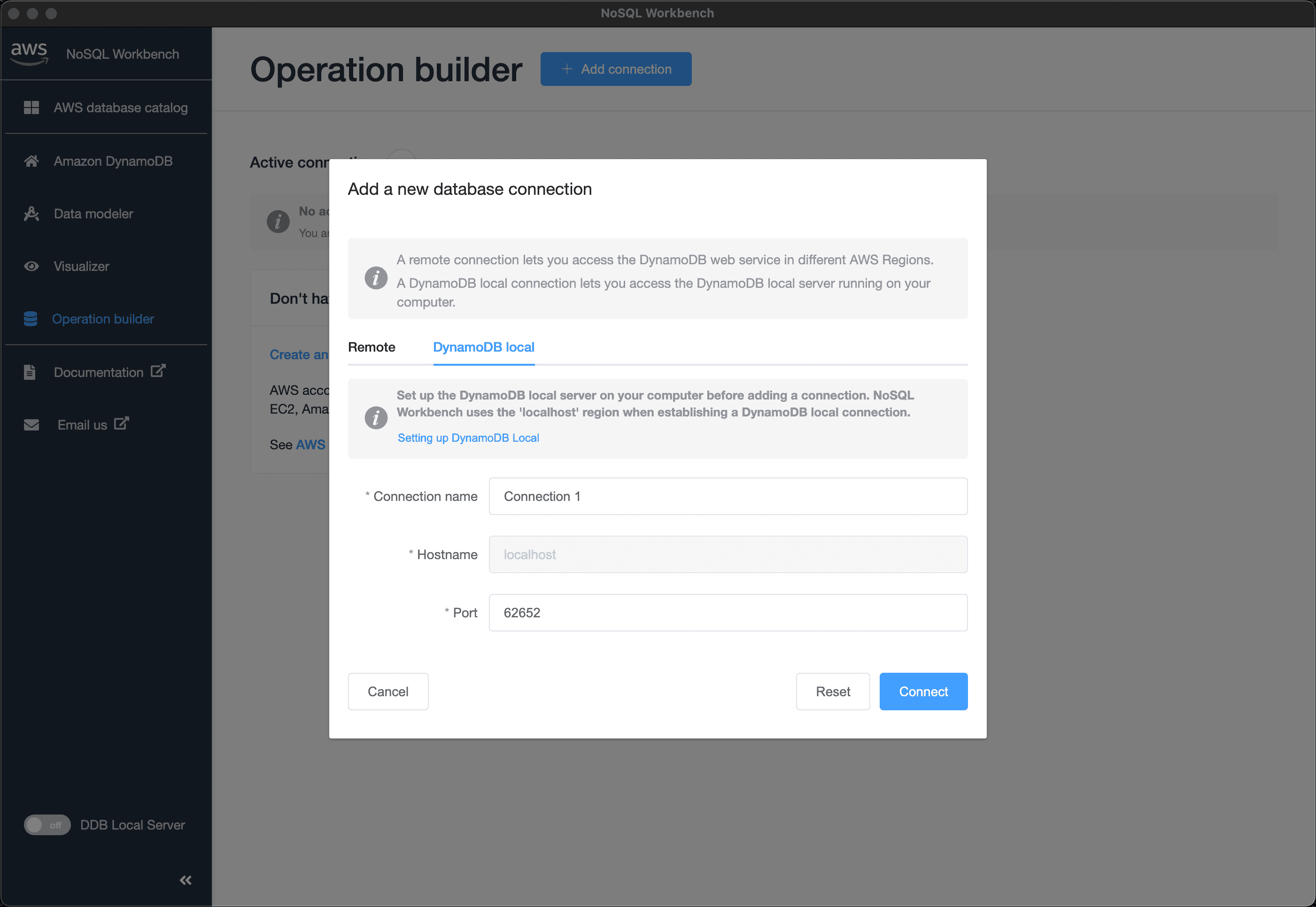 DynamoDB local connection in NoSQL Workbench