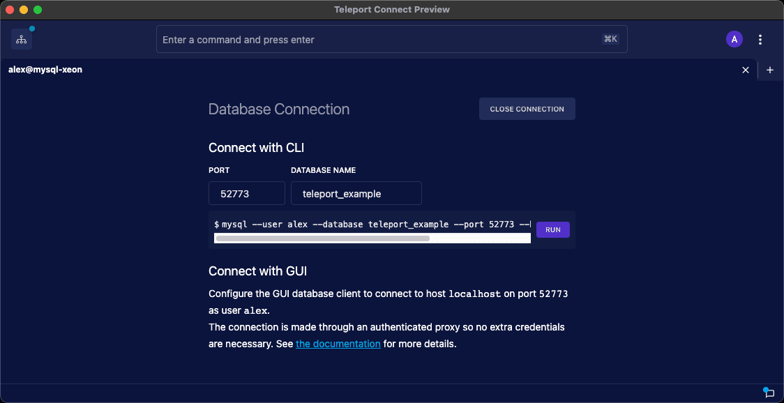 Teleport Connect database connection